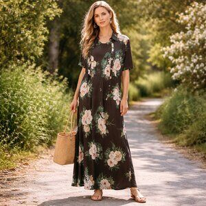 Vintage 90's August Max Woman Silk Set: Maxi Dress+ Shirt Short Sleeve Size 12W